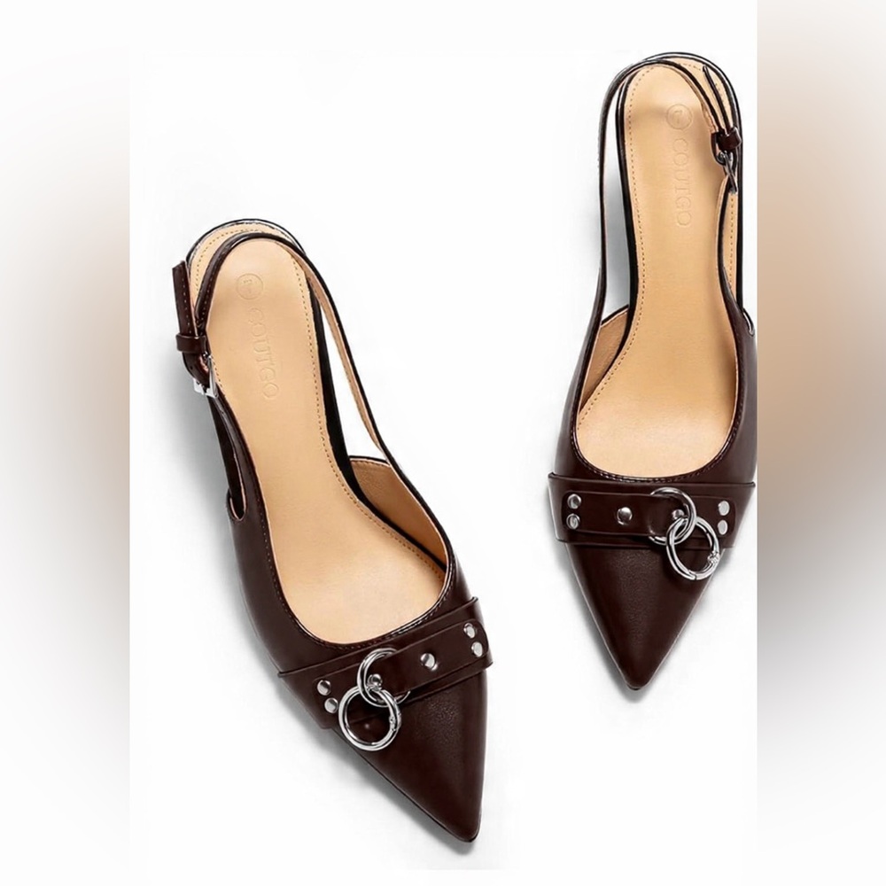 Pointed Toe Brown Slingback Heels with Silver Ring Detail